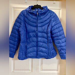 Andrew Marc Down Packable Jacket Women Blue Quilted Hooded Full Zip Puffer Large